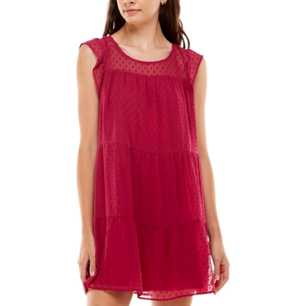 Crystal Doll Womens Swiss Dot Sheer Pullover Lined Tier Mini Dress, Berry, Sz S